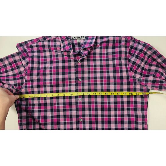 Express fitted L mens long sleeve button up purple plaid 16 - 16.5 proffesional - Picture 8 of 9